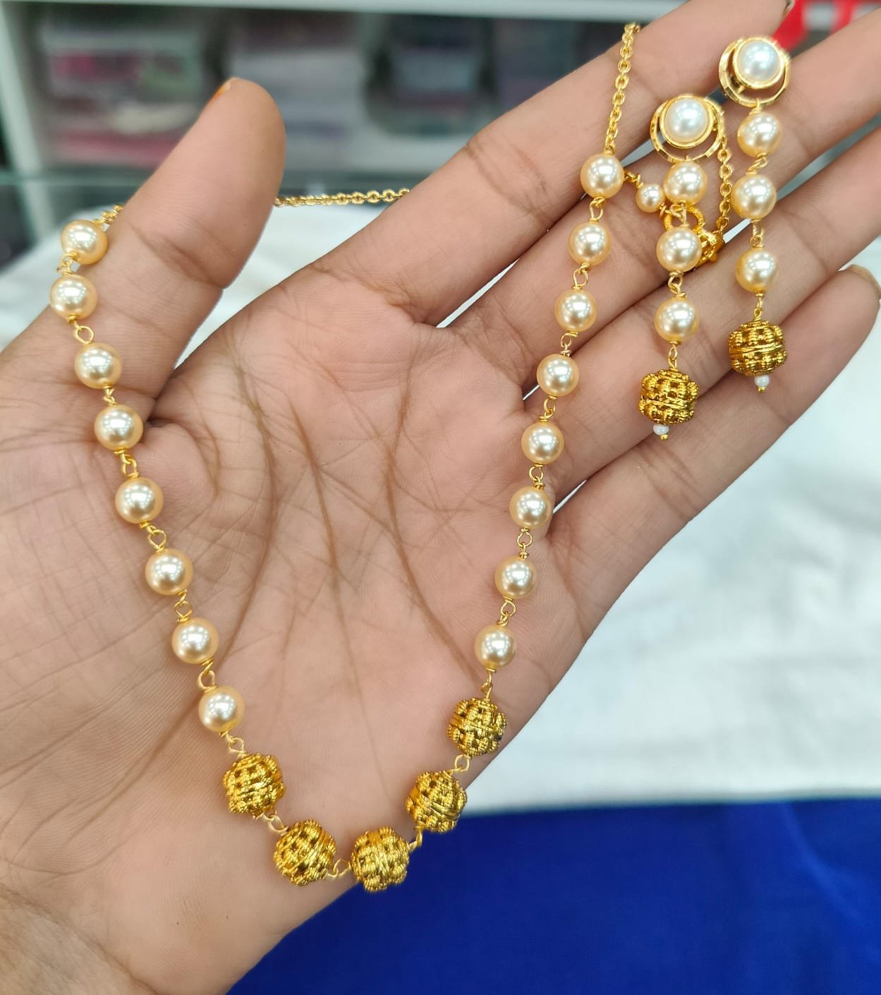 2025/12/1004844523.jpg Handmade Swarovski Mala and nakshi balls with eartops - Image 1