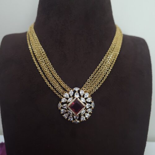 Chandraharam neck chain pink mix red stone