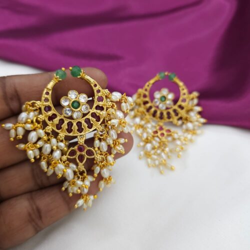 Chandbali hangings customized with rice pearls guttapusala