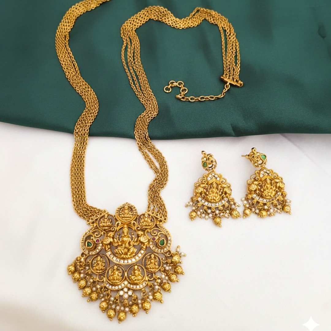 2026/02/1000290550.jpg 30 inches antique gold chandraharam with earrings - Image 1