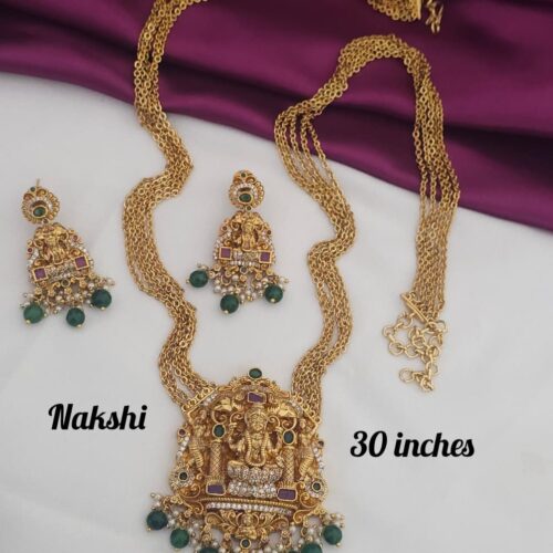 30 inches nakshi long chandraharam customized with green beads 1450 free shipping
