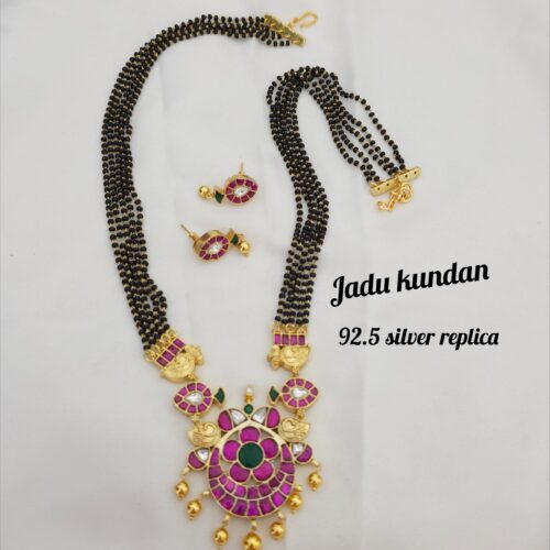 Silver replica black beads with jadau kundan locket 3200 free shipping