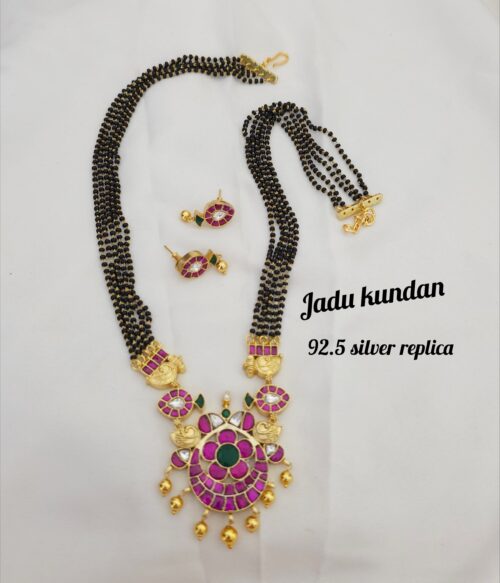 Silver Replica Black Beads with Jadau Kundan Locket
