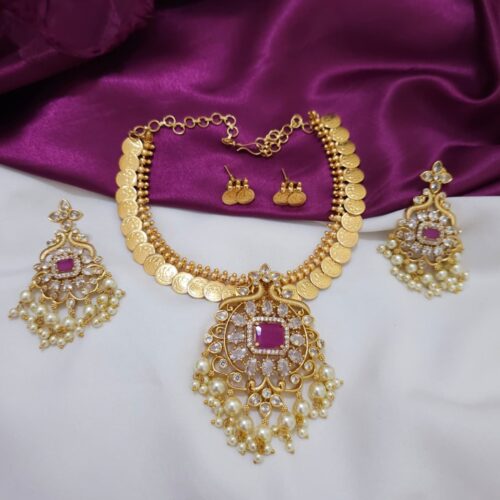 Kasu neck set with detachable pendent set with pink stone 1099 free shipping