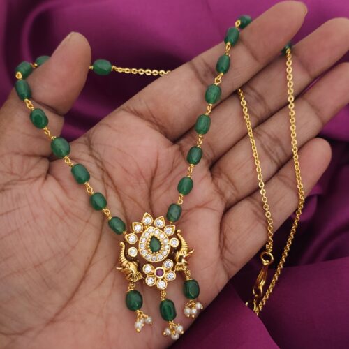 Handmade Mala customized with one beads green color with uncut stone gold polish locket 650 free shipping