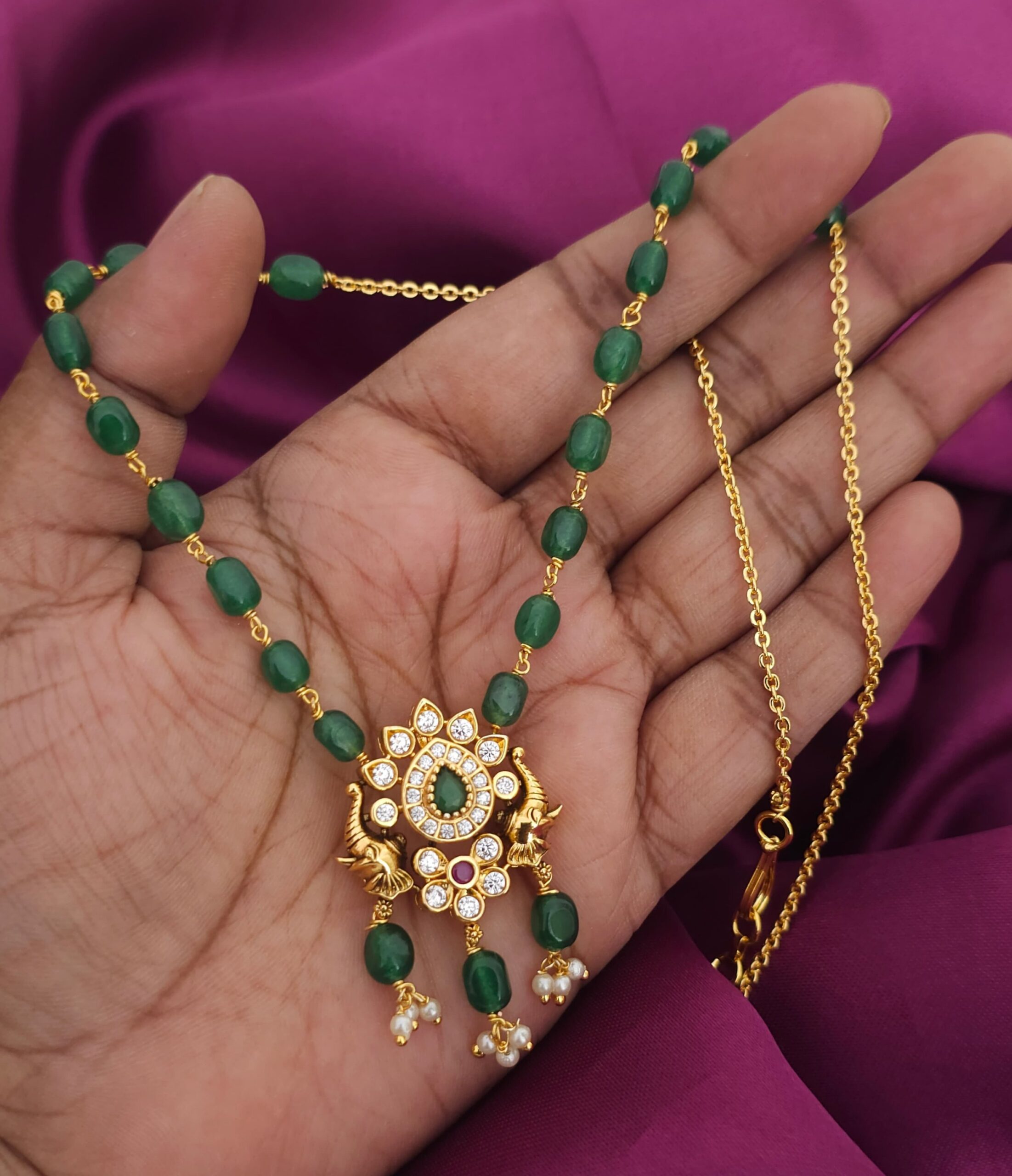 2026/03/3062188-scaled.jpg Handmade Mala customized with one beads green color with uncut stone gold polish locket 650 free shipping - Image 1