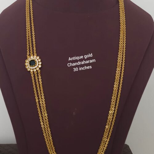 Antique gold chandraharam with green stone 30 inches 499 free shipping