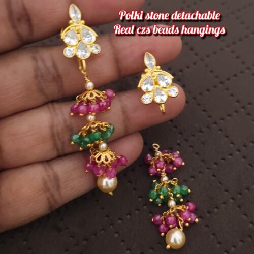 Polki stone studs with detachable czs beads hangings 599 free shipping handmade