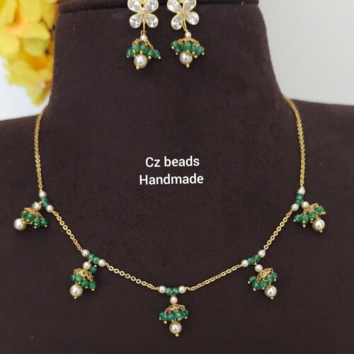 Real cz beads green  and polki studs Mala 850 free shipping