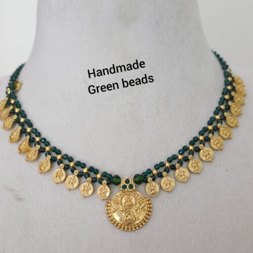 Handmade  Kasu Mala customized with green beads 750 free shipping