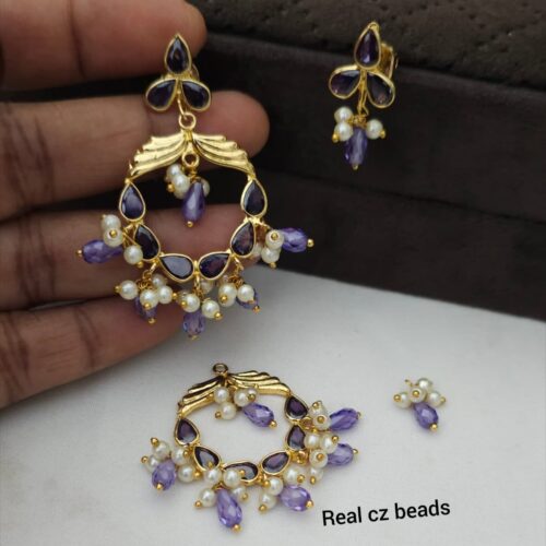 Chandbali polki hangings customized with real cz beads purple 699 free shipping
