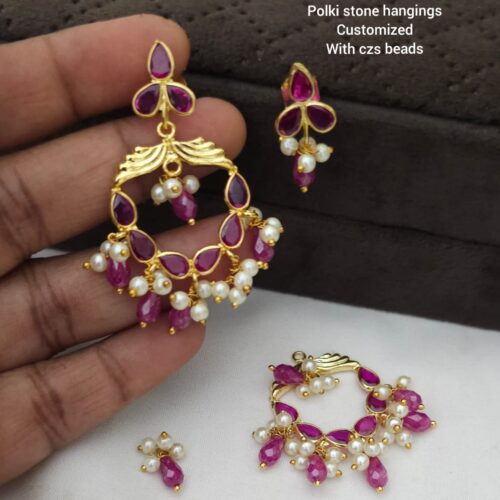 Polki stone hangings customized with real cz pink beads 699 free shipping