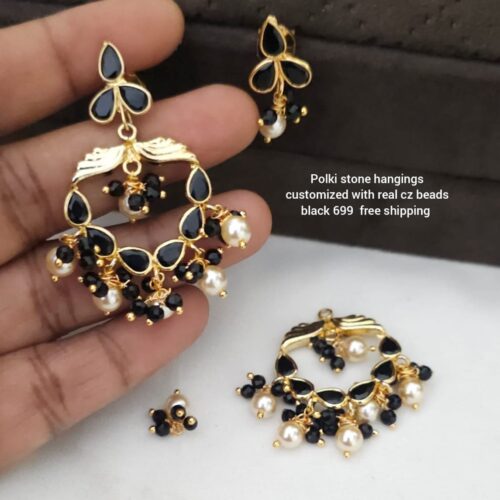 Polki stone hangings customized with real cz beads black 699 free shipping